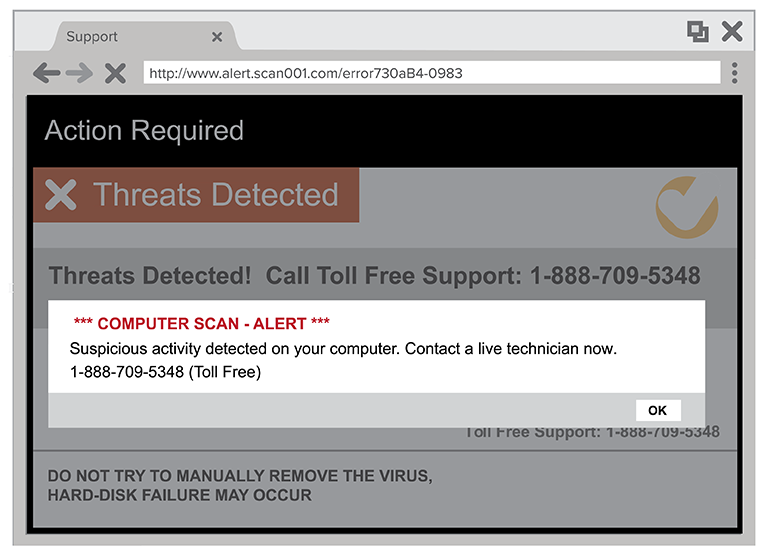 Alerta falso de vírus usado em golpe phishing no navegador