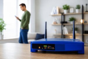 Luzes do roteador indicando o status da conexão Wi-Fi e Ethernet