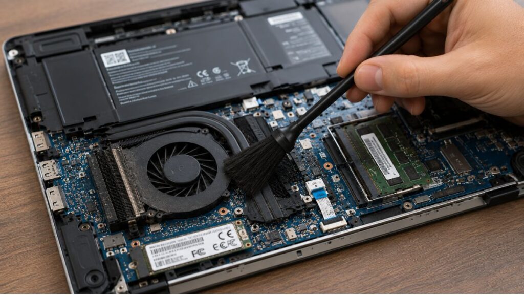 Manutenção preventiva de notebook com limpeza interna de cooler, ventoinha e componentes.