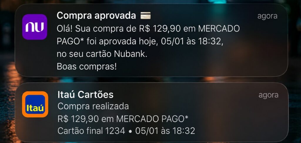 Notificação de compra no cartão exibida no celular para identificar possível cartão clonado