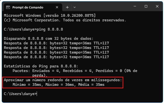 ALT: Resultado do comando ping no CMD com tempo mínimo, máximo e médio