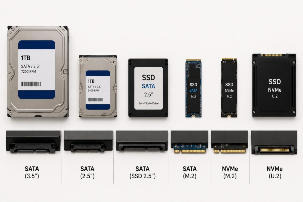Comparação entre HDs e SSDs com conexões SATA, M.2 SATA, M.2 NVMe e U.2 NVMe.