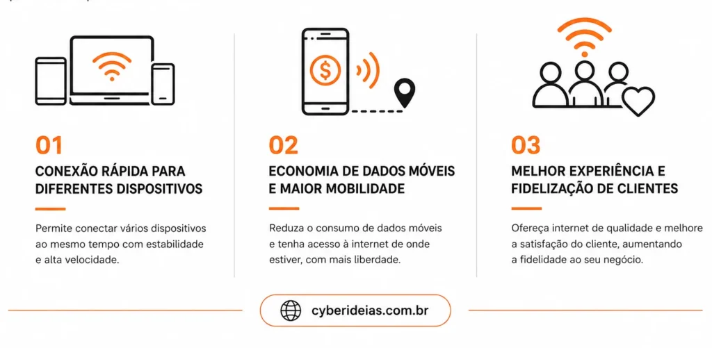 Infográfico com as 3 principais vantagens do WiFi hotspot
