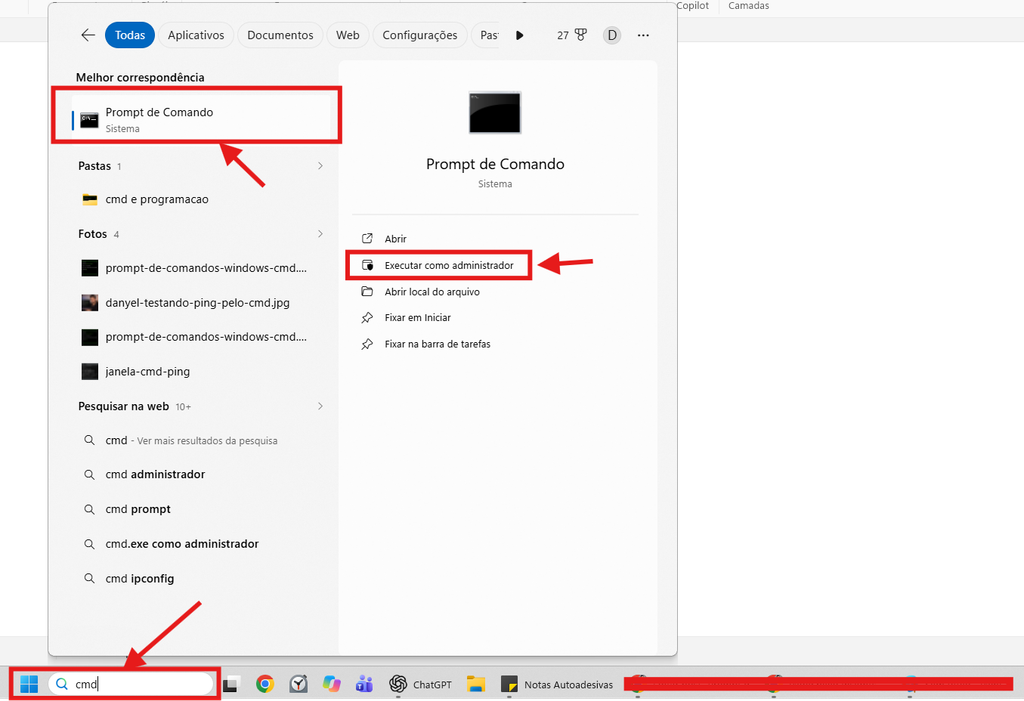 Pesquisa por “cmd” no Windows com o prompt de comandos e a opção “Executar como administrador” destacados em vermelho.