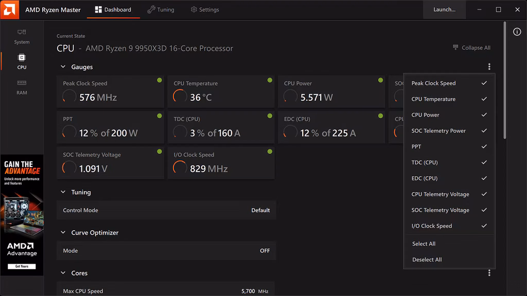 AMD Ryzen Master mostrando temperatura e desempenho da CPU