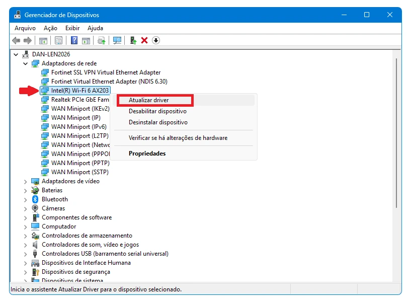 Atualizar driver do adaptador Wi-Fi no Gerenciador de Dispositivos