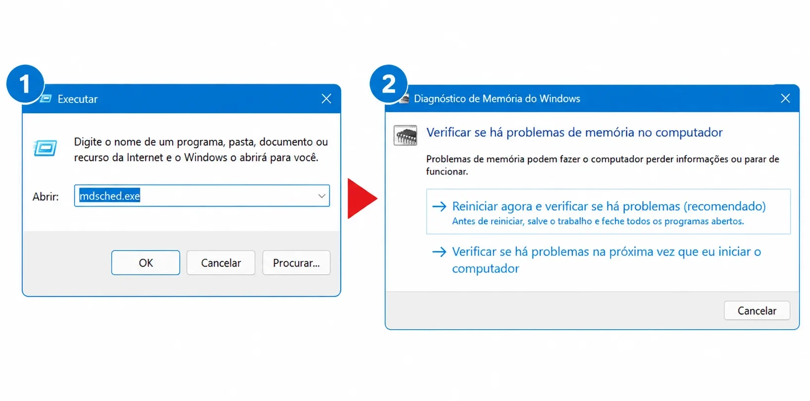 Como abrir o Diagnóstico de Memória do Windows com o comando mdsched.exe