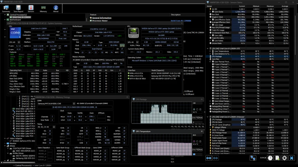 HWiNFO monitorando temperatura da CPU, GPU e sensores do PC