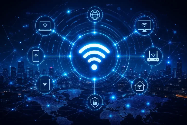 Imagem ilustrativa sobre o que é Wi-Fi, mostrando uma rede sem fio conectando diferentes dispositivos, roteadores e sistemas de segurança em um ambiente digital.