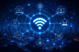 Imagem ilustrativa sobre o que é Wi-Fi, mostrando uma rede sem fio conectando diferentes dispositivos, roteadores e sistemas de segurança em um ambiente digital.