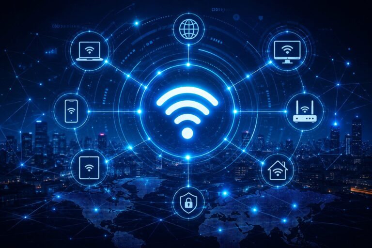 Imagem ilustrativa sobre o que é Wi-Fi, mostrando uma rede sem fio conectando diferentes dispositivos, roteadores e sistemas de segurança em um ambiente digital.
