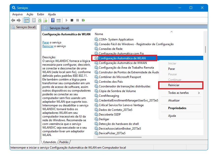 Reiniciar Configuração Automática de WLAN nos Serviços do Windows