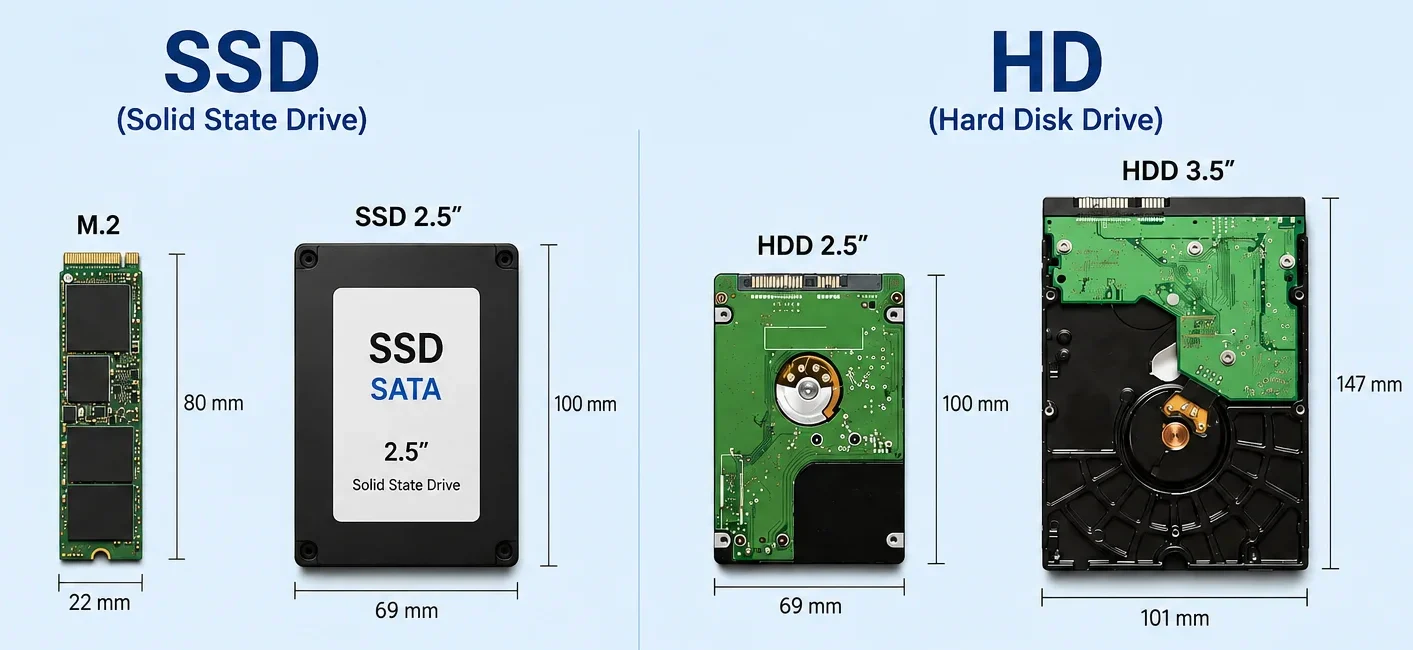 SSD e HD comparados por tamanho, formato e tipos de conectores