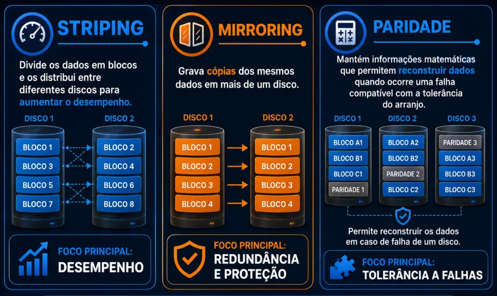 Infográfico sobre Striping, Mirroring e Paridade em arranjos RAID