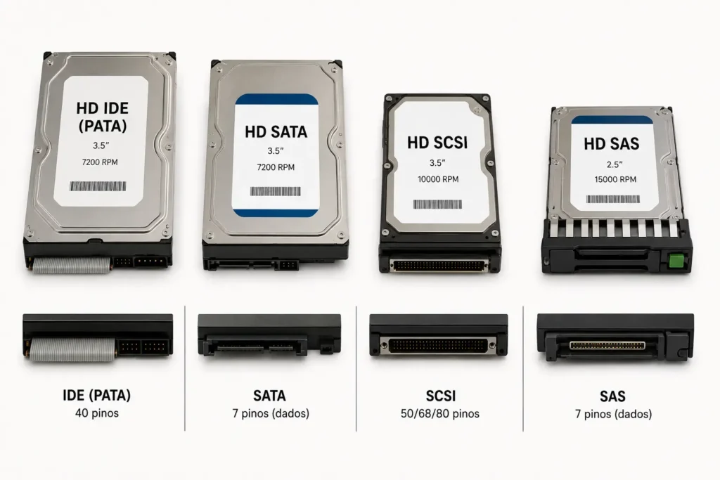 Tipos de HD IDE, SATA, SCSI e SAS com seus diferentes conectores