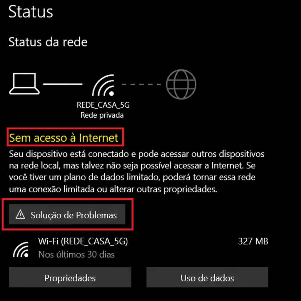 Status da rede Wi-Fi mostrando sem acesso à internet no Windows