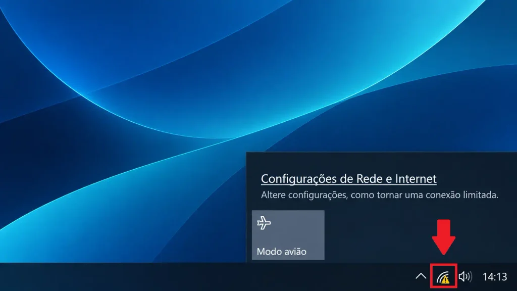 Ícone de Wi-Fi limitado destacado na barra de tarefas do Windows