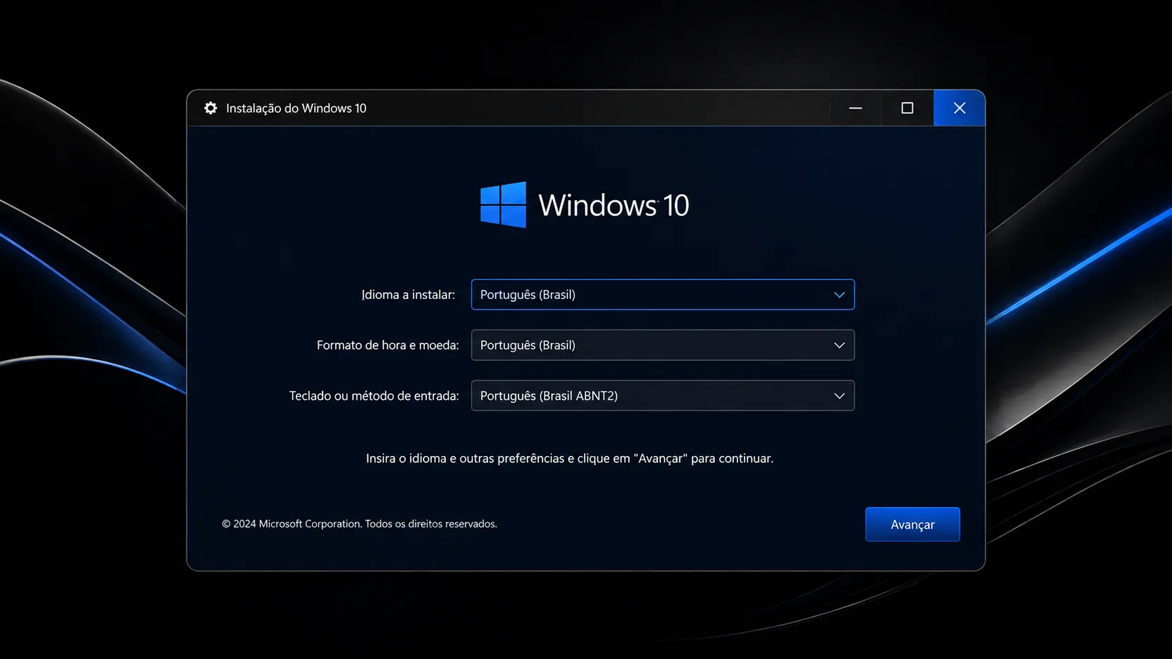 Tela de instalação do Windows 10 em português