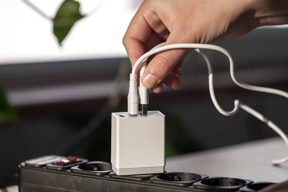 Carregador conectado a uma fonte de energia com cabos USB
