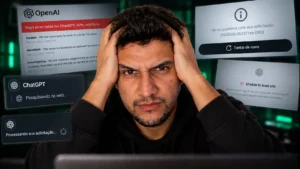 ChatGPT fora do ar ou instável com erros, lentidão e falhas de carregamento, indicando indisponibilidade temporária do serviço