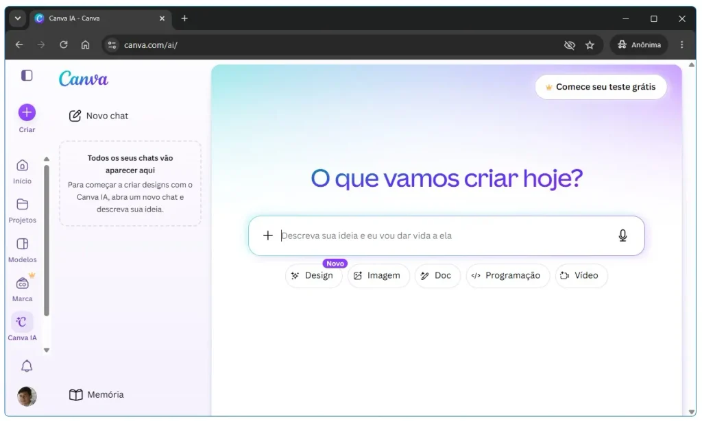 Tela do Canva com ferramentas de inteligência artificial para criar designs e imagens