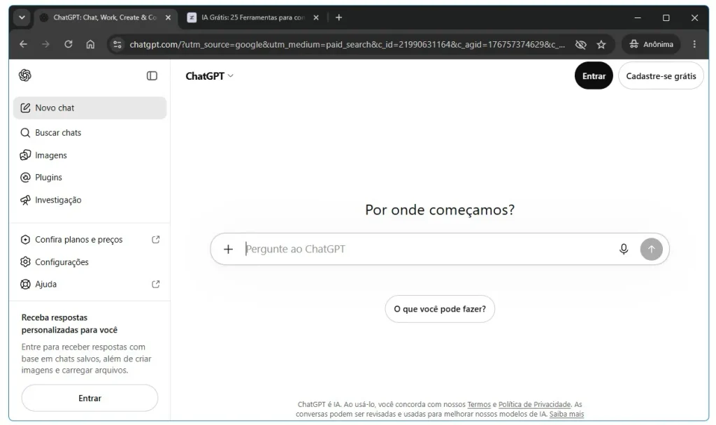Tela inicial do ChatGPT para criação de textos, análise de dados e outras tarefas