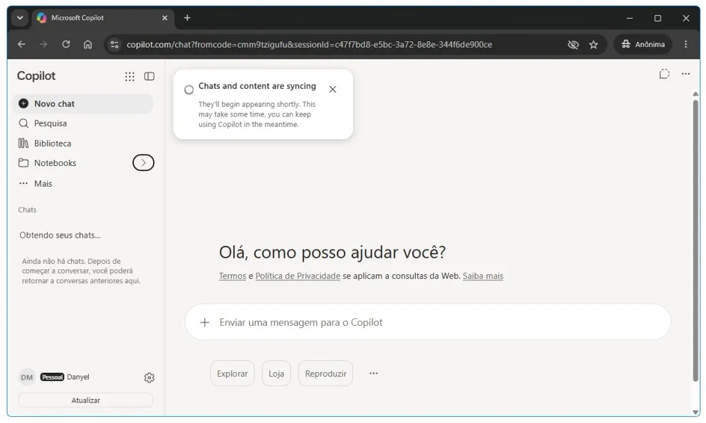 Tela do Microsoft Copilot para produtividade e criação de conteúdo