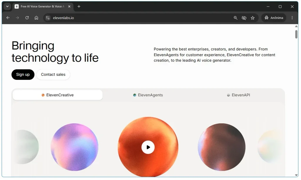 Tela do ElevenLabs para geração de voz com inteligência artificial