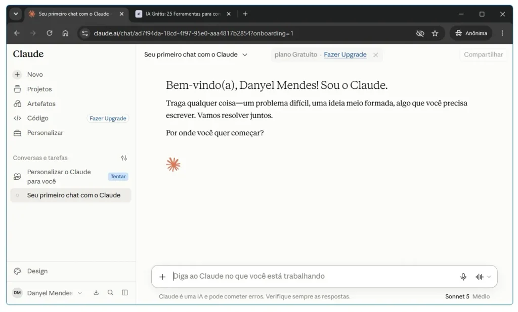 Tela do Claude para escrever textos extensos e analisar documentos