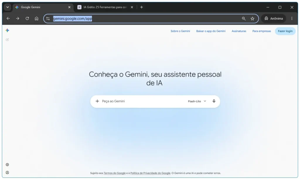 Tela do Google Gemini, inteligência artificial integrada aos serviços do Google