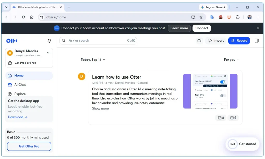 Tela do Otter.ai para transcrição automática de reuniões e conversas
