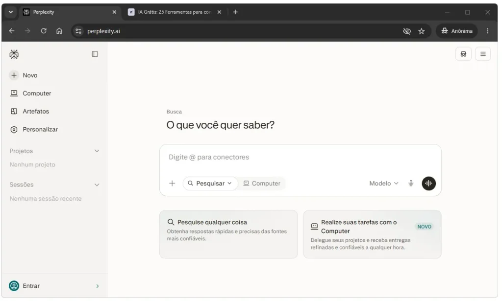 Tela do Perplexity AI com respostas de pesquisa acompanhadas de fontes