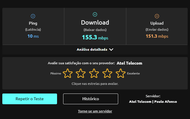 resultado ao medir a velocidade da internet