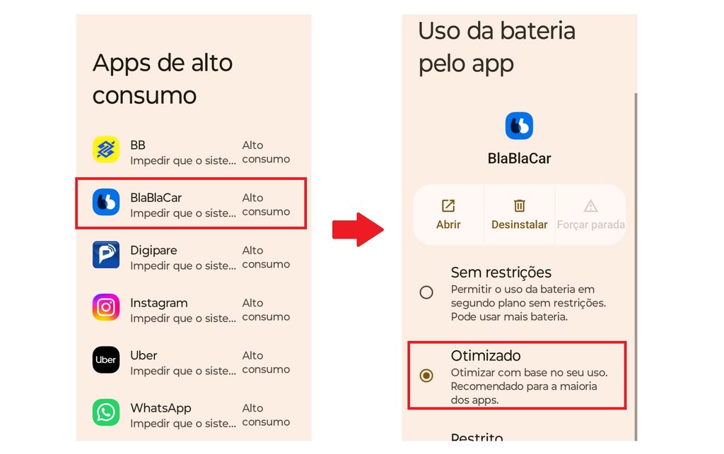 Print do meu celular mostrando aplicativos com alto consumo de bateria