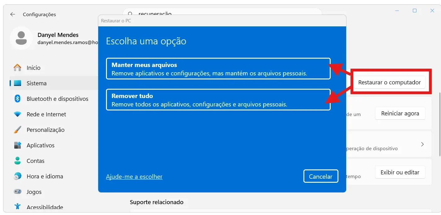 Opções Manter meus arquivos e Remover tudo ao formatar notebook Dell pelo Windows 11