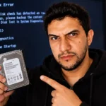 Erro no HD: Danyel segurando um disco rígido diante de uma tela preta com alerta SMART Hard Disk Error 301.