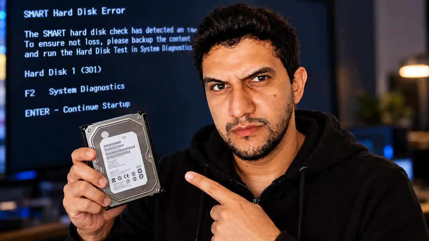 Erro no HD: Danyel segurando um disco rígido diante de uma tela preta com alerta SMART Hard Disk Error 301.